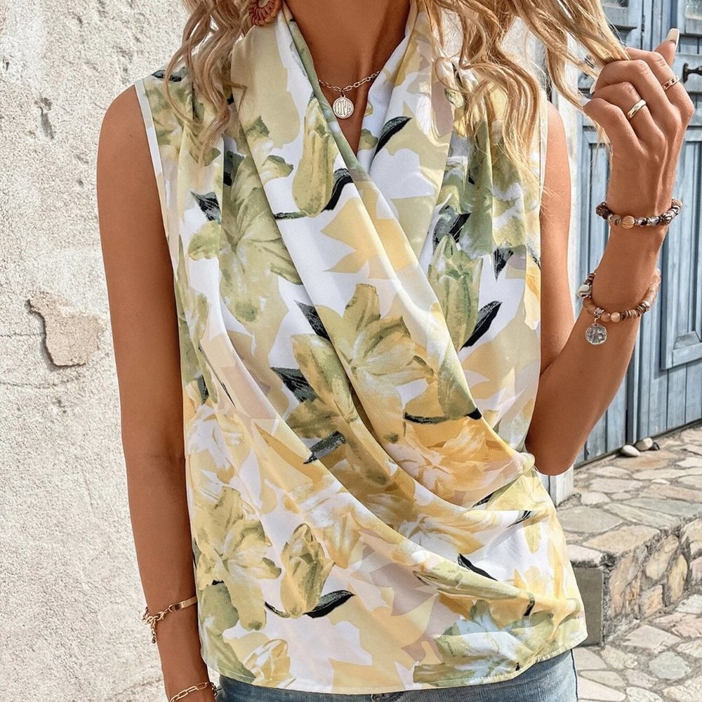 Multicolor Boho Womens Floral Print Surplice Neck Sleeveless Blouse - Picture 3 of 5